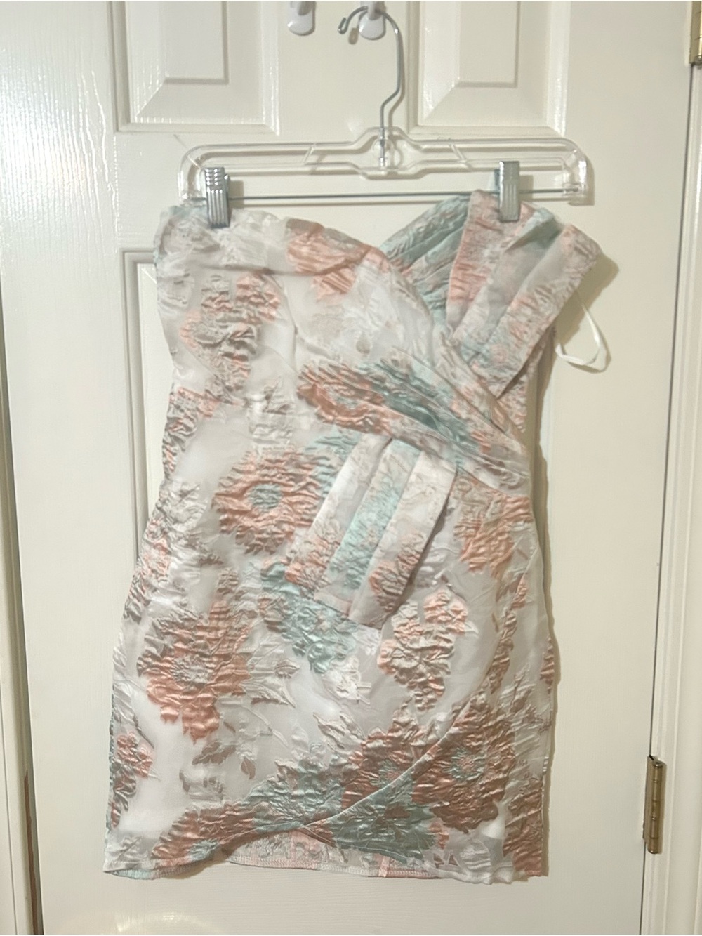 Strapless Floral Jacquard Mini Dress in Pastel Peach & Mint